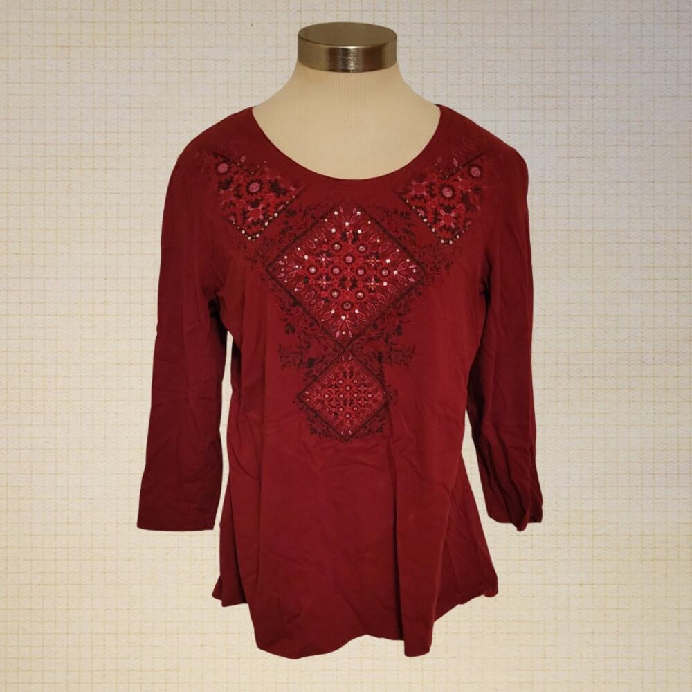Boho Laura Scott Embroidered Sequin Cotton Stretch Top Large Red 3/4 Sleeve